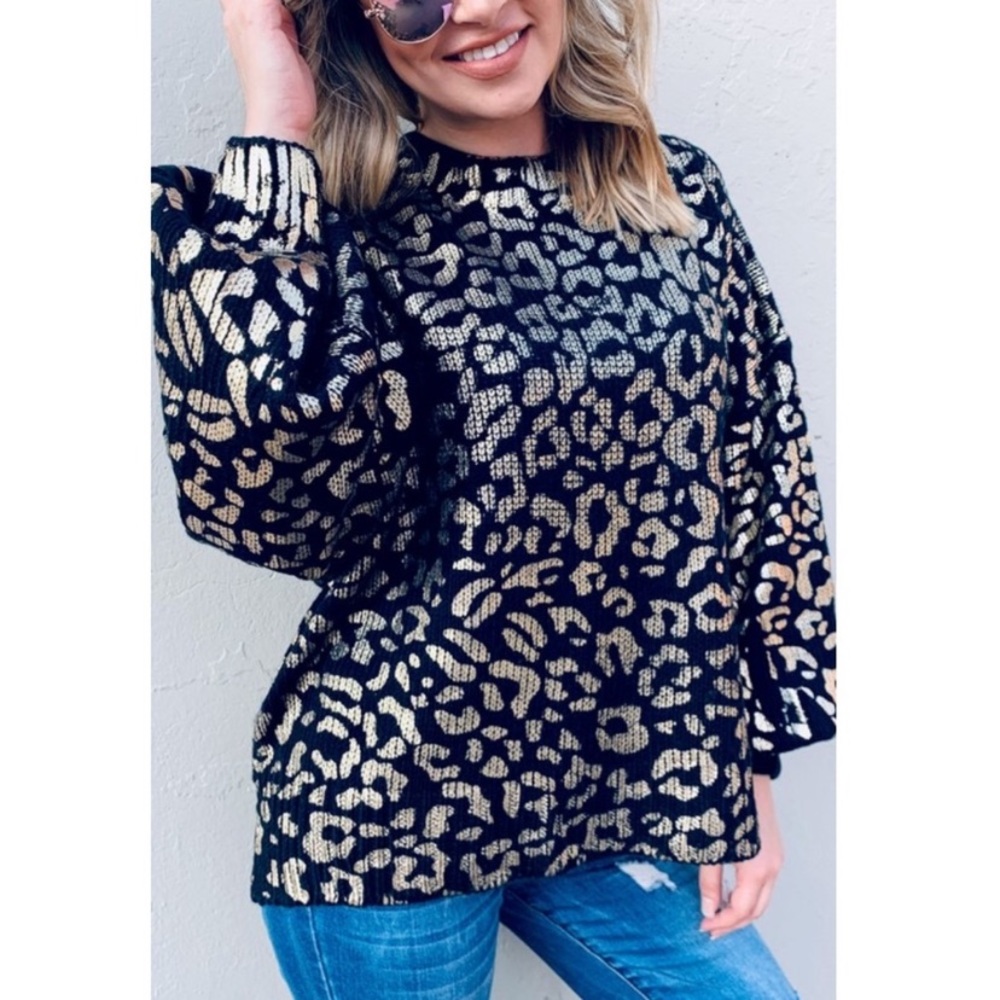 Black & Gold leopard print balloon sleeve crew neck sweater Size S/M M/L